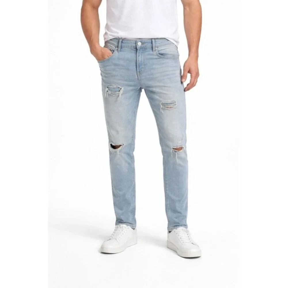 Pacsun Mens Stacked Skinny Light Wash Ripped Jeans Size 28x30 Active Stretch